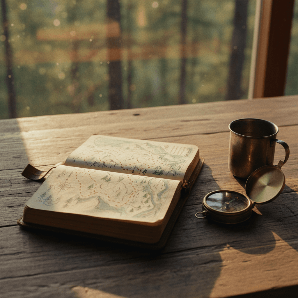 Open travel journal with a hand-drawn route map, compass, and coffee on a rustic wooden table