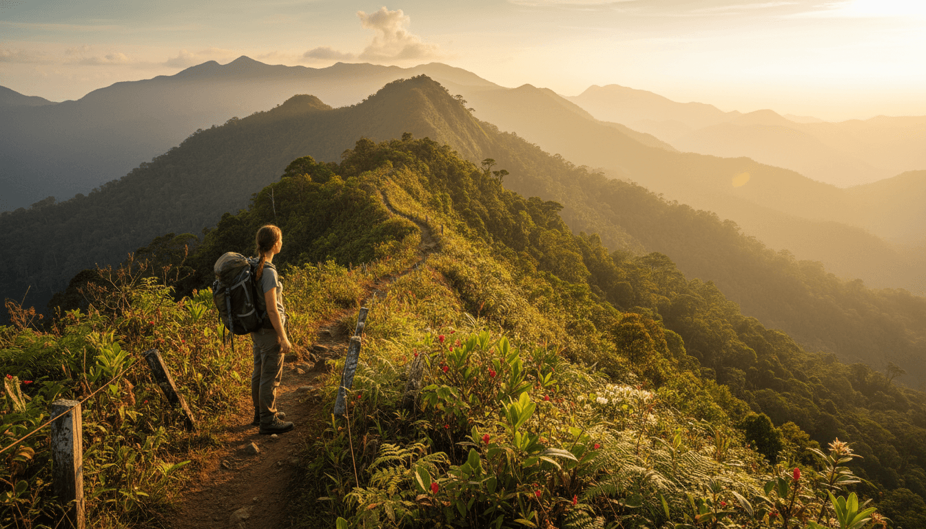 Hiker standing at a scenic mountain overlook during golden hour, ready for adventure