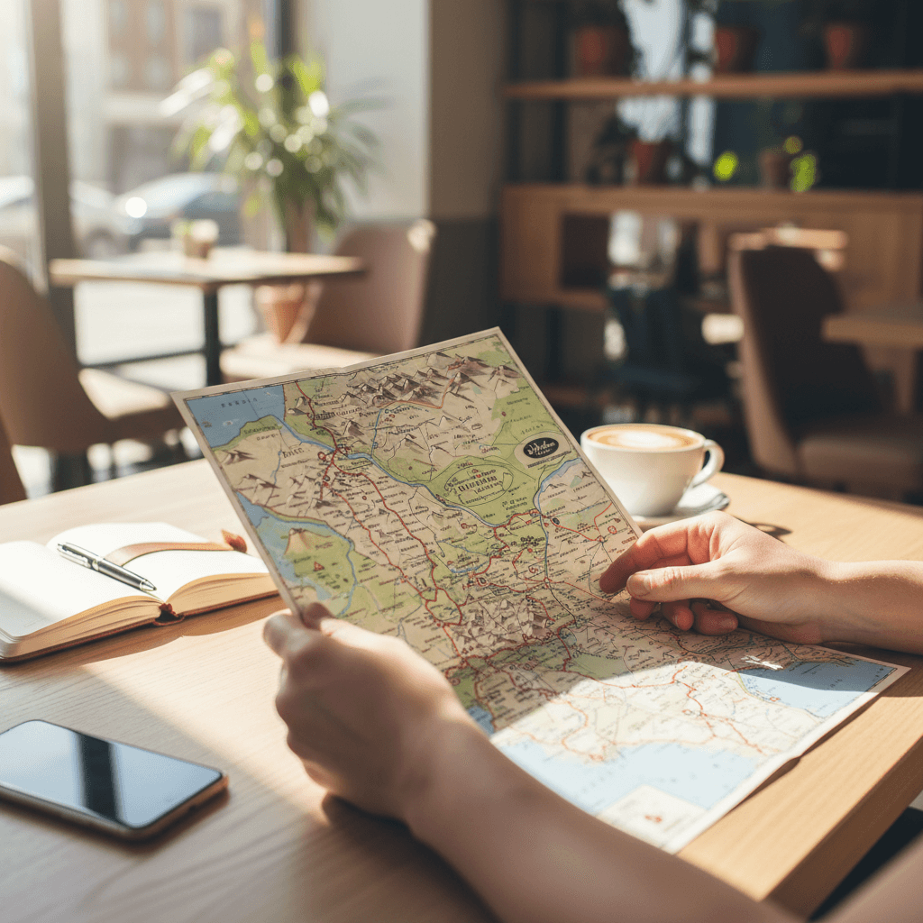 Road trip map with a scenic route marked