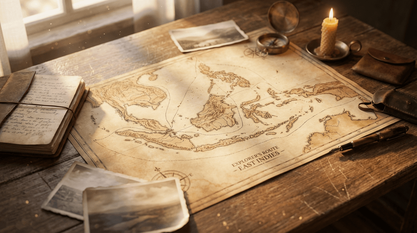 Hands planning a route on a paper map with a compass and notebook on a wooden table