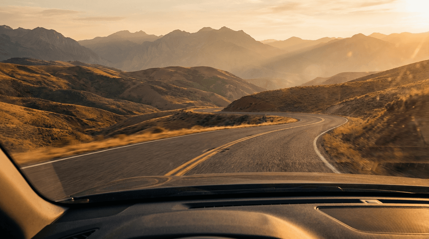 Winding scenic highway through mountain terrain at sunrise with a car in the distance