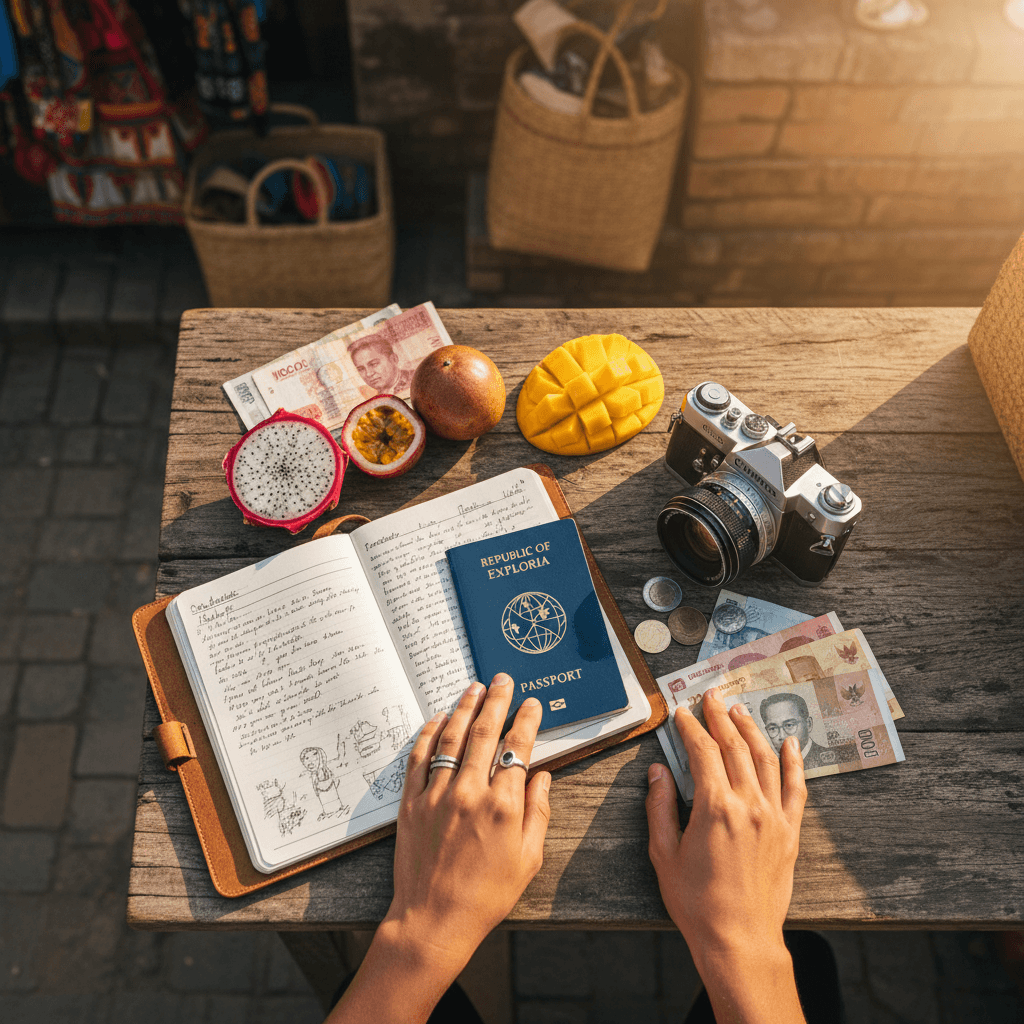 Overhead flat lay of traveler's passport, journal, camera, local currency, and tropical fruits on wooden table with golden sunlight