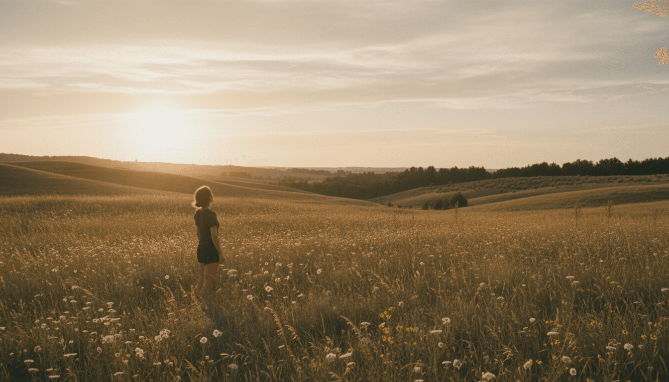 Traveler standing at a scenic overlook with arms open toward a winding road through autumn mountains at golden hour